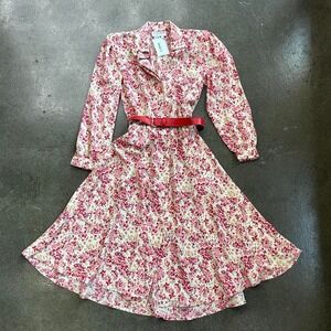 Vintage 90s red pink floral polyester belted petite dress women's size 6